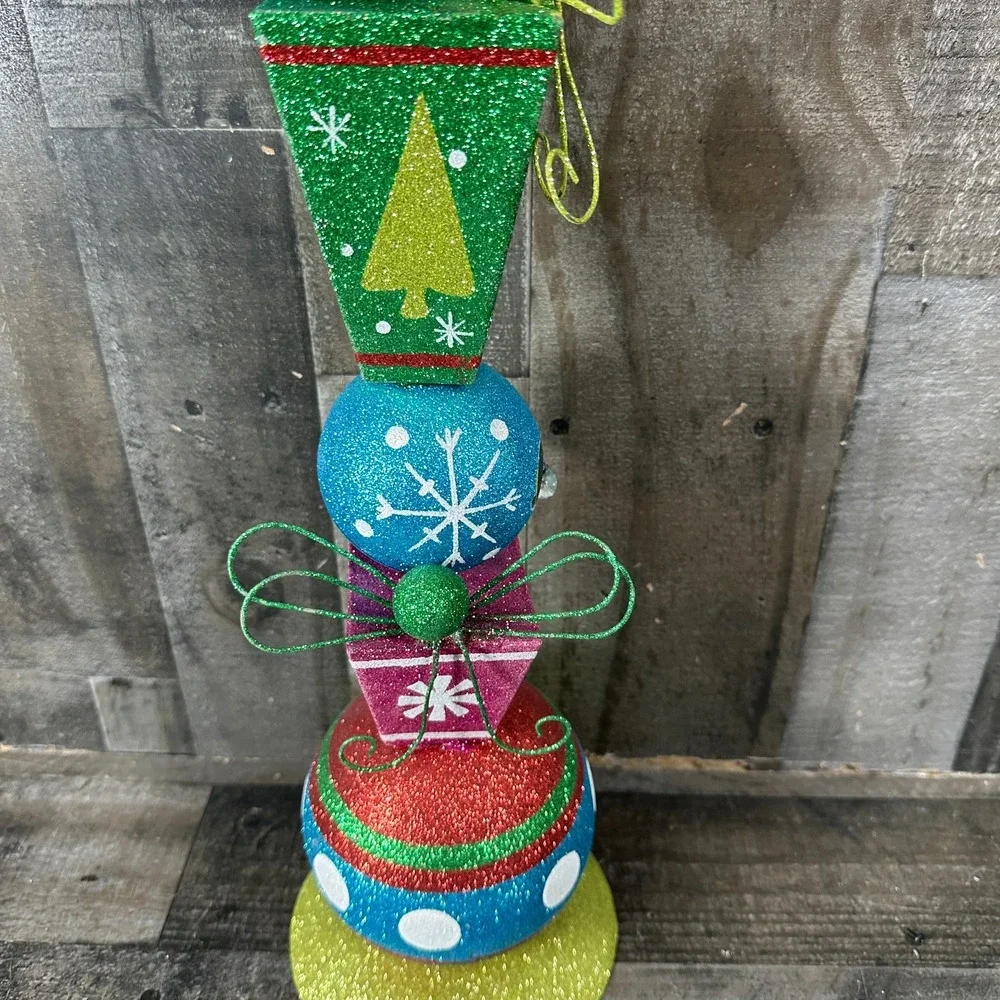 Pier 1 Glitter Ornament Totem Pole Rare Sparkle Xmas Centerpiece Decor